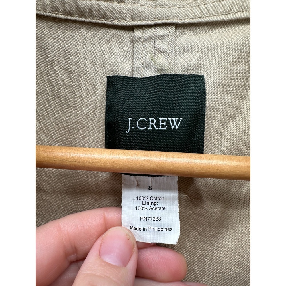 J. Crew Trench Coat Beige Women's 8 Cotton Long Sleeve Full Zip Hooded - Picture 9 of 10